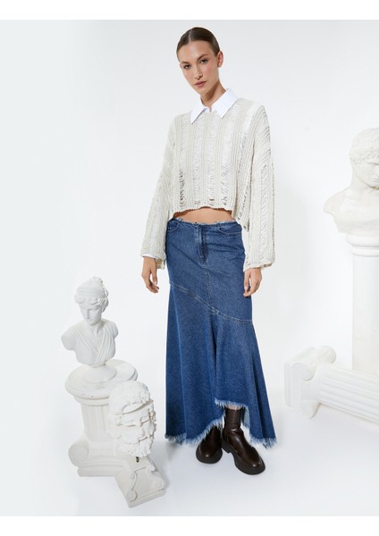 Ajurlu Kazak Crop Örgü Bisiklet Yaka Rahat Kesim Kaşmir Dokulu