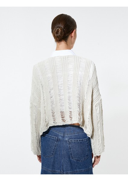 Ajurlu Kazak Crop Örgü Bisiklet Yaka Rahat Kesim Kaşmir Dokulu fırsatları