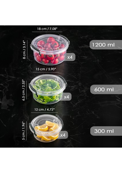 12'li Yuvarlak Saklama Kabı -Lenora Kilitlenebilir Kapaklı Sebze Meyve Erzak Kabı 4X(300-600-1200ML)