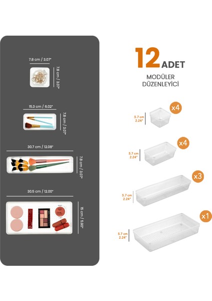 12'li Dolap Içi Takı Makyaj Organizer - Çekmece Içi Düzenleyici Set Şeffaf modelleri