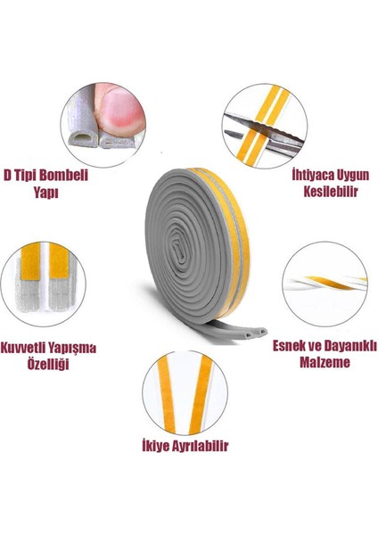 Yapışkanlı 5x2=10 Metre (GRİ) Kapı Pencere Bandı Fitili Soğuk İzolasyon Kauçuk Bantları