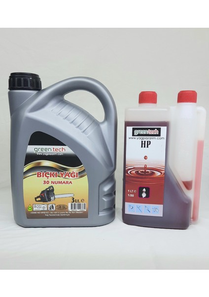 30 Numara Bıçkı Testere Zincir Yağı 3 Litre +Greentech 2t 2 Zamanlı Ölçekli Ağaç Kesme Tırpan Bıçkı Yağı 1 Litre