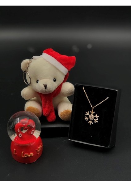Yılbaşı Özel Hediyesi Mini Kar Küresi Kolye ve Noel Şapkalı Sevimli Ayıcık Anahtarlık