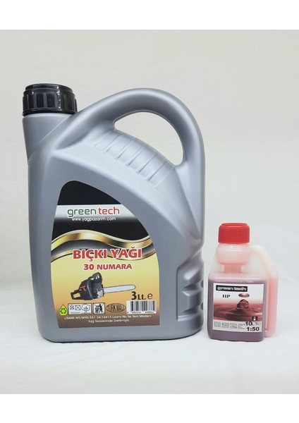 30 Numara Bıçkı Testere Zincir Yağı 3 Litre + Greentech 2t 2 Zamanlı Ölçekli Ağaç Kesme Tırpan Bıçkı Yağı 100 ml