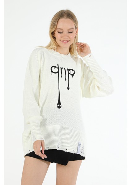 Özel Üretim Owersize Önü Drip Nakışlı Yırtıklı Spor Italyan Kesim Kadın Triko Kazak