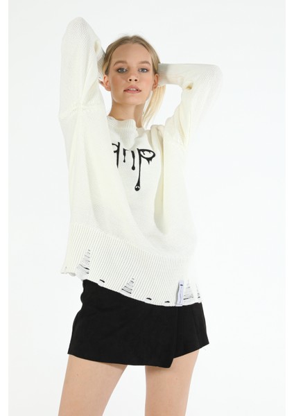 Özel Üretim Owersize Önü Drip Nakışlı Yırtıklı Spor Italyan Kesim Kadın Triko Kazak modelleri