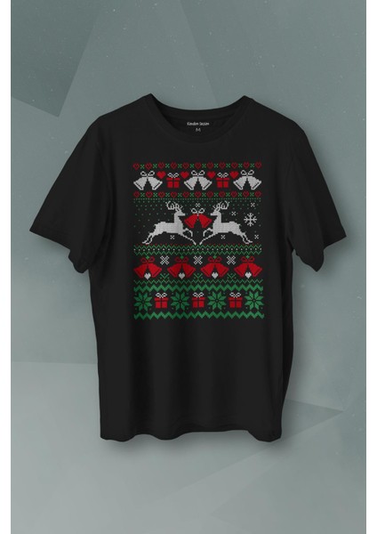 Yılbaşı Hediye Geyik 2024 Christmas Happy New Year Baskılı Siyah T-Shirt Tişört