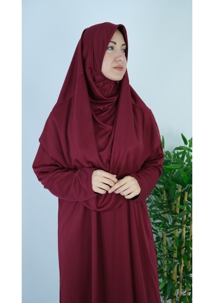 Bordo Fermuarsız Pratik Namaz Elbisesi