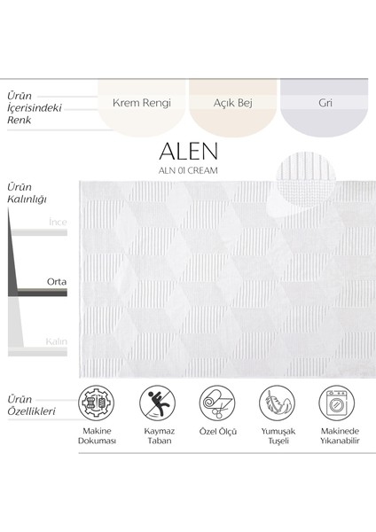 Alen 02 Krem Yıkanabilir Mutfak Halısı Kesme Yolluk Koridor Halısı Kaymaz Çocuk Odası Halı Kilim