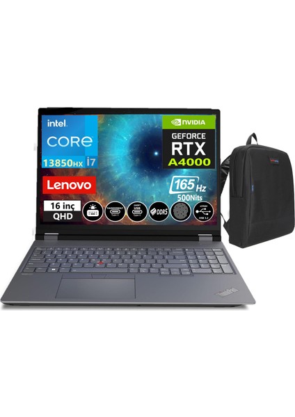 Thinkpad Mws P16 V2 Intel Core I7 13850HX 48GB Ddr5 1TBSSD+1TBSSD 12GB RTXA4000165HZ Qhd+ IPS 16" WİNDOWS11PRO Taşınabilirbilgisayar TP21FA000UTX17+WEBLEGELSINÇANTA