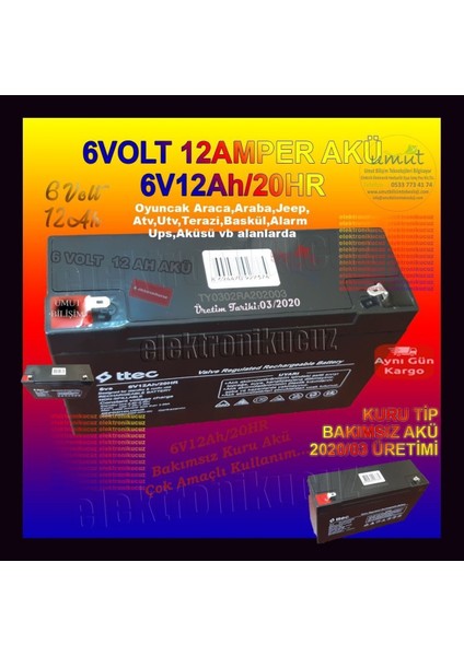 6 Volt 12 Amper Jeep,motor,oyuncak Araç Araba Aküsü 6V 12AH Kuru Akü 6V12 *şarj Ediniz*