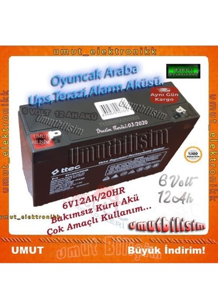 6 Volt 12 Amper Jeep,motor,oyuncak Araç Araba Aküsü 6V 12AH Kuru Akü 6V12 *şarj Ediniz*