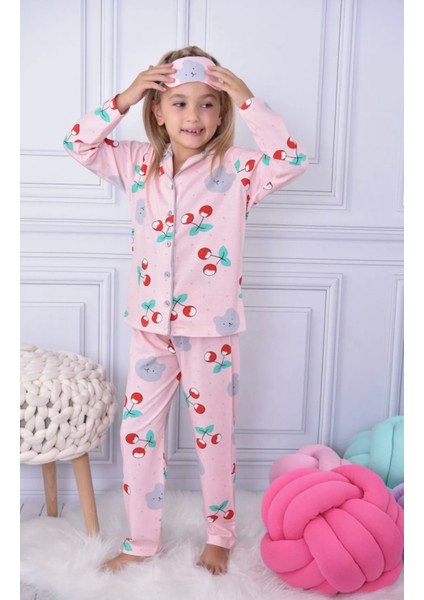 Lolli Boom Kids  Kiraz Desen Düğme Kapama Pijama Takımı Göz Uyku Bandı