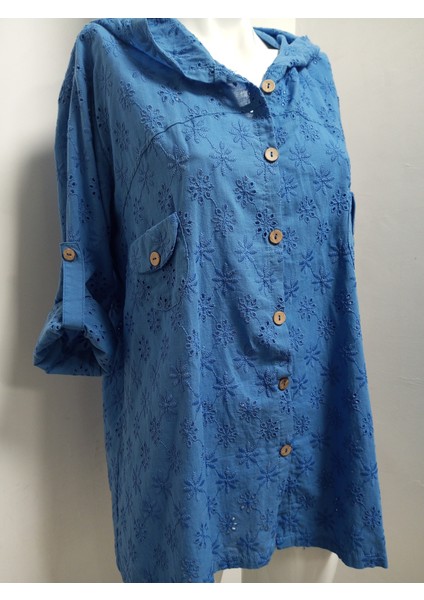 Büyük Beden % 100 Pamuk Fisto Dantel Detaylı Ahşap Düğmeli Kapşonlu Ceket