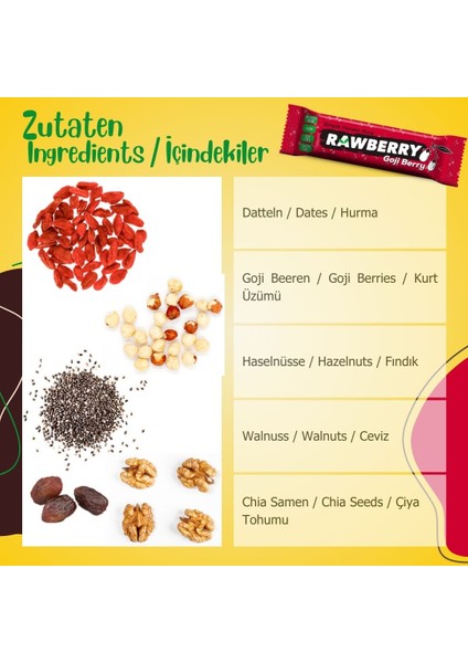 Goji Berry Şeker Ilavesiz Vegan Glutensiz Kuruyemiş Bar 15'li