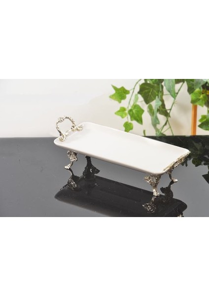 Kulplu Dikdörtgen Porselen Tepsi