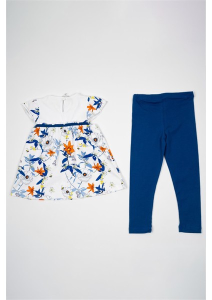Kız Çocuk Mavi Çiçek Desenli Elbise Tayt Yazlık Takım fiyatları