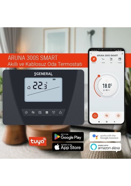 General Life Aruna 300S Smart Wi-Fi Kablosuz Dijital Oda Termostatı Siyah - Tuya Destekli