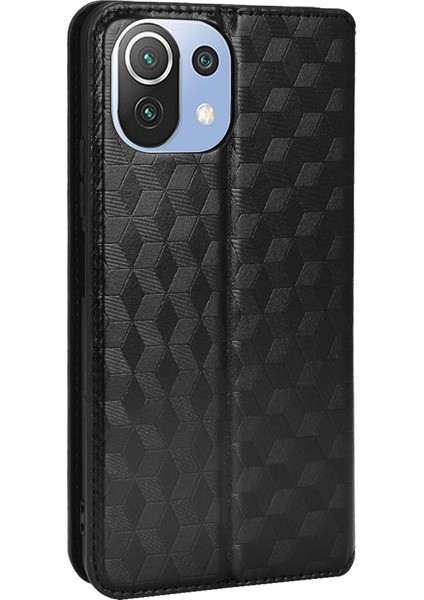 Manyetik Otomatik Kapanış Folio Flip Tam Koruma 3D Rhombus Xiaomi Için Stand Cüzdanı ile Pu Deri Telefon Kılıfı 11 Lite 5g Ne/mı 11 Lite 4g/5g-Black (Yurt Dışından) modelleri