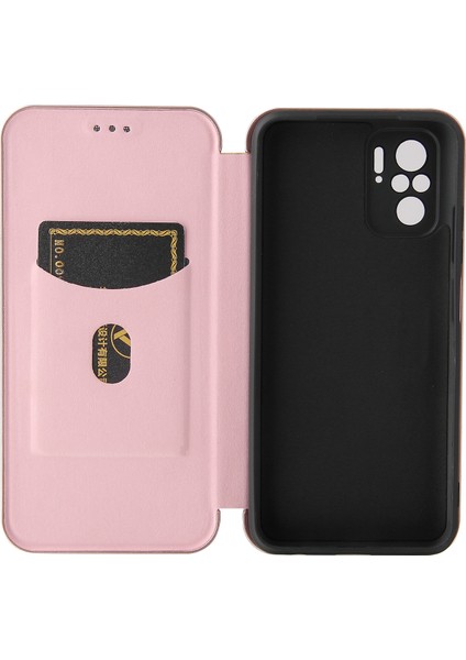 Otomatik Emilen Stand Karbon Fiber Doku Xiaomi Redmi Için Deri Kabuk Kapağı Not 10 4g/redmi Not 10S/POCO M5S 4g-Rose Altın (Yurt Dışından)