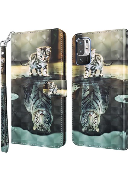 Xiaomi Için Redmi Note 10 5g/xiaomi Poco M3 Pro 4g/5g Cüzdan Telefon Kılıf Desen Basılı Pu Deri Manyetik Kapak Kesme/kartlar Tutucu-Cat ve Tiger (Yurt Dışından)