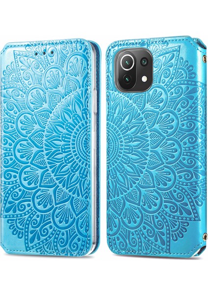 Basılı Mandala Çiçek Deseni Otomatik Absorlanmış Pu Deri Kılıf Stand Stand Cüzdanı Xiaomi Mi 11 Lite 4g/5g/11 Lite 5g Ne-Blue (Yurt Dışından)