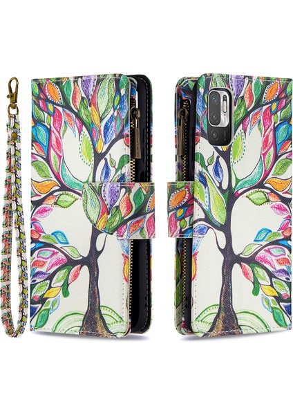 Stand Özellik Deseni Baskı Fermuar Cüzdanı Bookstyle Manyetik Flip Kılıf Kapağı, Xiaomi Redmi Için Bilek Kayışı ile Not 10 5g/poco M3 Pro 5g/4g-Renkli Ağaç (Yurt Dışından)