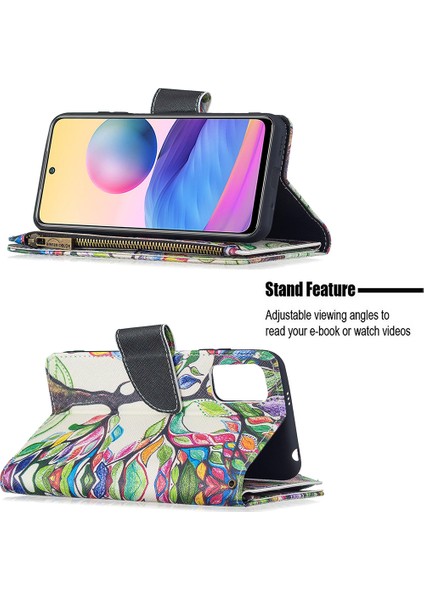 Stand Özellik Deseni Baskı Fermuar Cüzdanı Bookstyle Manyetik Flip Kılıf Kapağı, Xiaomi Redmi Için Bilek Kayışı ile Not 10 5g/poco M3 Pro 5g/4g-Renkli Ağaç (Yurt Dışından)