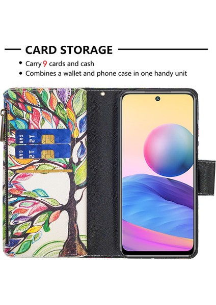 Stand Özellik Deseni Baskı Fermuar Cüzdanı Bookstyle Manyetik Flip Kılıf Kapağı, Xiaomi Redmi Için Bilek Kayışı ile Not 10 5g/poco M3 Pro 5g/4g-Renkli Ağaç (Yurt Dışından)
