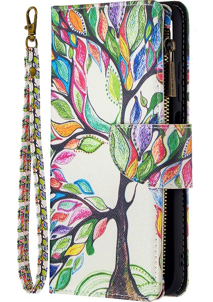 Stand Özellik Deseni Baskı Fermuar Cüzdanı Bookstyle Manyetik Flip Kılıf Kapağı, Xiaomi Redmi Için Bilek Kayışı ile Not 10 5g/poco M3 Pro 5g/4g-Renkli Ağaç (Yurt Dışından)