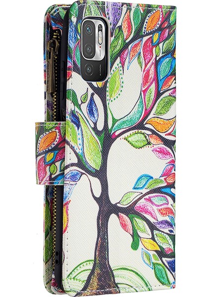 Stand Özellik Deseni Baskı Fermuar Cüzdanı Bookstyle Manyetik Flip Kılıf Kapağı, Xiaomi Redmi Için Bilek Kayışı ile Not 10 5g/poco M3 Pro 5g/4g-Renkli Ağaç (Yurt Dışından)