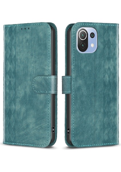 Xiaomi Için Telefon Kılıfı 11 Lite 5g Ne/mı 11 Lite 4g/5g Pu Deri Izgara Deseni Baskılı Stand Cüzdan Kapak Yeşili (Yurt Dışından)
