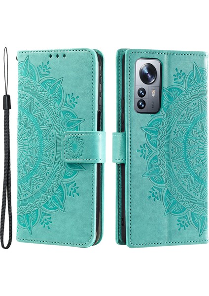 Xiaomi 12 5G/12X 5G/12S 5g Baskılı Mandala Çiçek Flip Telefon Kapağı Pu Deri Cüzdan Stand Şok Yeşil Koruyucu Kılıf Strap-Green (Yurt Dışından)