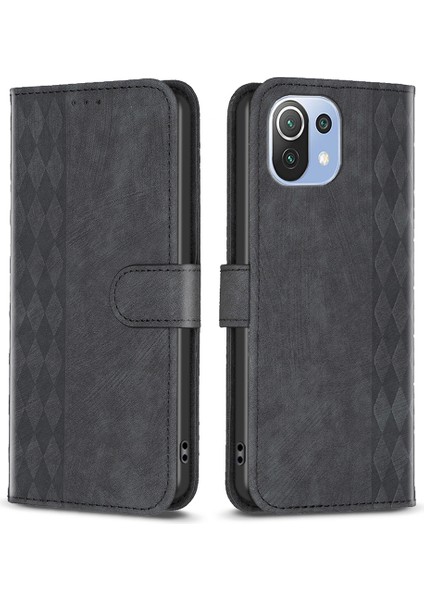 Xiaomi Için Telefon Kılıfı 11 Lite 5g Ne/mı 11 Lite 4g/5g Pu Deri Izgara Deseni Baskılı Stand Cüzdan Kapak Black (Yurt Dışından)