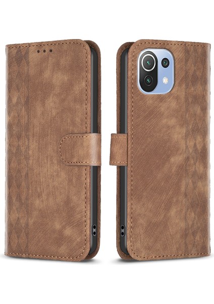 Xiaomi Için Telefon Kılıfı 11 Lite 5g Ne/mı 11 Lite 4g/5g Pu Deri Izgara Deseni Baskılı Stand Cüzdan Kapak Brown (Yurt Dışından)