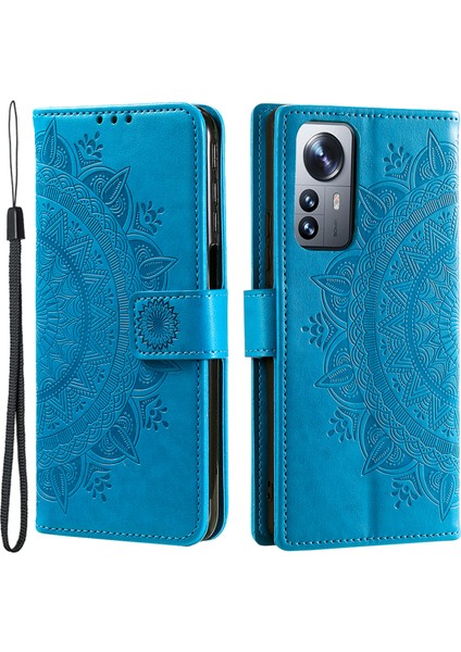 Xiaomi 12 5G/12X 5G/12S 5g Baskılı Mandala Çiçek Flip Telefon Kapağı Pu Deri Cüzdan Stand Şok Geçirmez Koruyucu Kılıf Kayış-Mavi (Yurt Dışından)