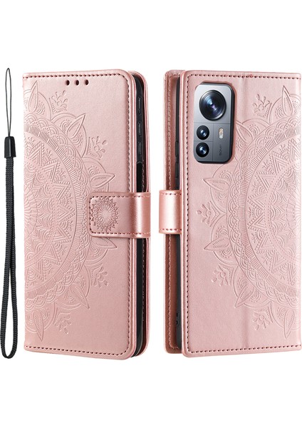 Xiaomi 12 5G/12X 5G/12S 5g Baskılı Mandala Çiçek Flip Telefon Kapağı Pu Deri Cüzdan Stand Şok Geçirmez Koruyucu Kılıf Strap-Rose Altın (Yurt Dışından)