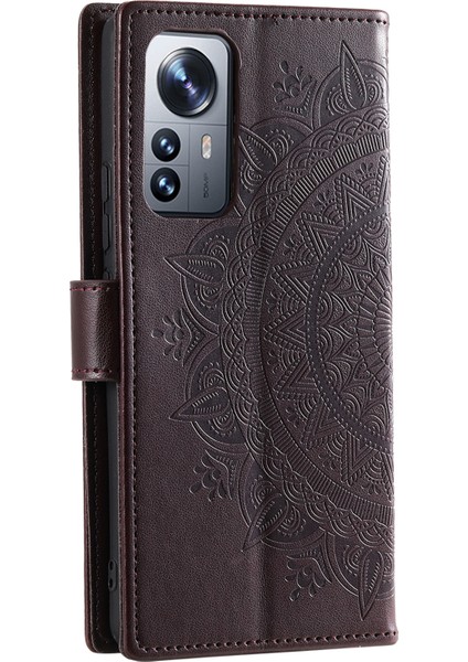 4U Sky Xiaomi 12 Pro 5g /12S Pro 5g /12 Pro (Boyut) 5g Baskılı Mandala Pot Deri Deri Deri Şok Geçirmez Kapak Standı Tpu Iç Kabuk Strap-Brown (Yurt Dışından)