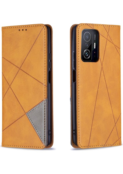 Rhombus Benzeri Baskı Deri Standı Koruyucu Telefon Kasası, Xiaomi 11T/11T Pro-Sarı Için Kart Yuvalı Kabuklu (Yurt Dışından)