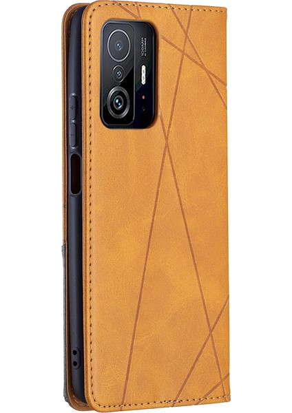 Rhombus Benzeri Baskı Deri Standı Koruyucu Telefon Kasası, Xiaomi 11T/11T Pro-Sarı Için Kart Yuvalı Kabuklu (Yurt Dışından)