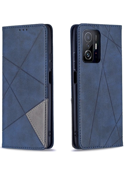 Rhombus Benzeri Deri Deri Stand Koruyucu Telefon Kılıfı, Xiaomi 11T/11T Pro-Blue Için Kart Yuvalı Kabuk Kabuğu (Yurt Dışından)