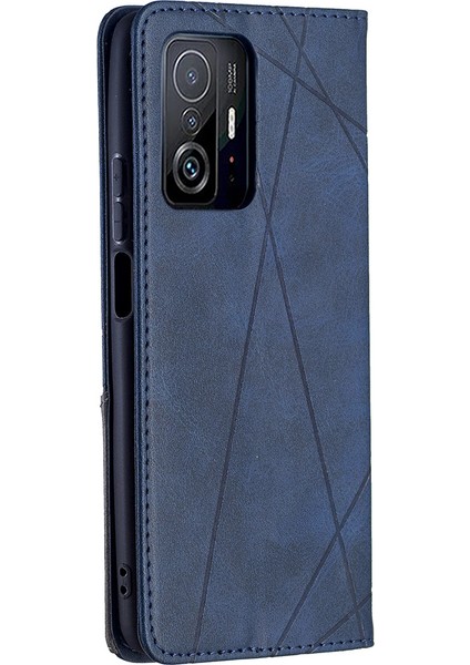 Rhombus Benzeri Deri Deri Stand Koruyucu Telefon Kılıfı, Xiaomi 11T/11T Pro-Blue Için Kart Yuvalı Kabuk Kabuğu (Yurt Dışından)