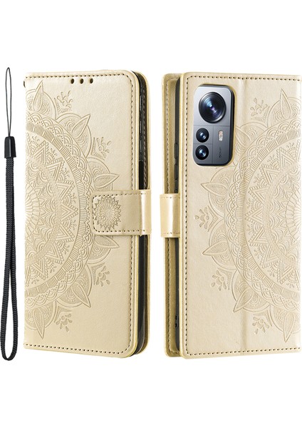Xiaomi 12 Pro 5g /12S Pro 5g /12 Pro (Boyut) 5g Baskılı Mandala Pot Deri Deri Deri Şok Geçirmez Kapak Standı Tpu Iç Kabuk Strap-Gold (Yurt Dışından)