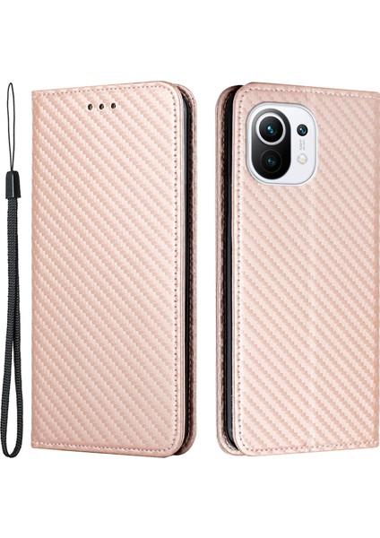 Flip Tasarım Manyetik Otomatik Absorbed Karbon Fiber Doku Stand Cüzdanı Pu Deri Kılıf Kapağı, Xiaomi Mi 11 Lite 4g/5g/11 Lite 5g Ne-Rose Gold Için (Yurt Dışından)