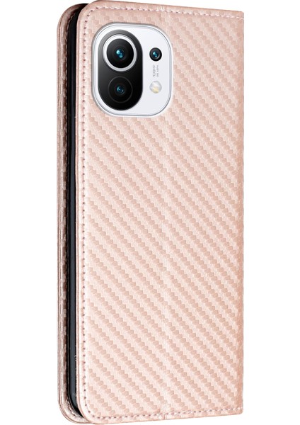 Flip Tasarım Manyetik Otomatik Absorbed Karbon Fiber Doku Stand Cüzdanı Pu Deri Kılıf Kapağı, Xiaomi Mi 11 Lite 4g/5g/11 Lite 5g Ne-Rose Gold Için (Yurt Dışından)