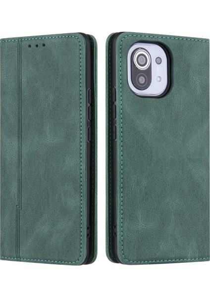 Cilt Duyarlı Otomatik Absorbed Çizgiler Deri Cüzdan Stand Telefon Kılıfı Xiaomi Mi 11 Lite 4g /5g /11 Lite 5g Ne-Yeşil (Yurt Dışından)