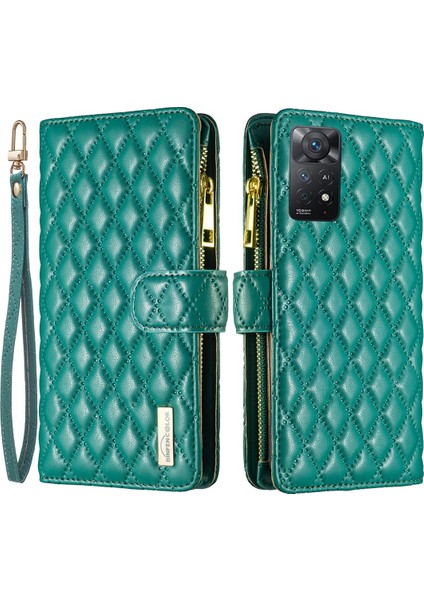 Xiaomi Redmi Için Note 12 Pro 4g/11 Pro 4g (Mediatek)/note 11 Pro 5g (Qualcomm) Zipper Cep Tasarımı Baskılı Rhombus Desen Mat Pu Deri Deri Anti Çizelge Kılıfı Stand Cüzdan Yeşili (Yurt Dışından)