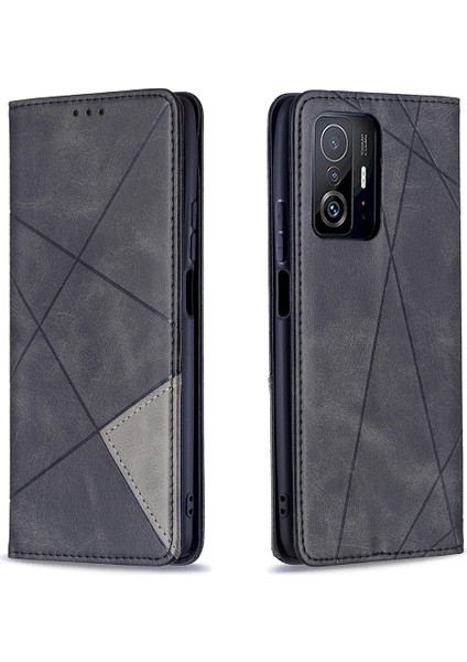 Rhombus Benzeri Deri Deri Stand Koruyucu Telefon Kılıfı, Xiaomi 11T/11T Pro-Black Için Kart Yuvalı Kabuk Kabuğu (Yurt Dışından)