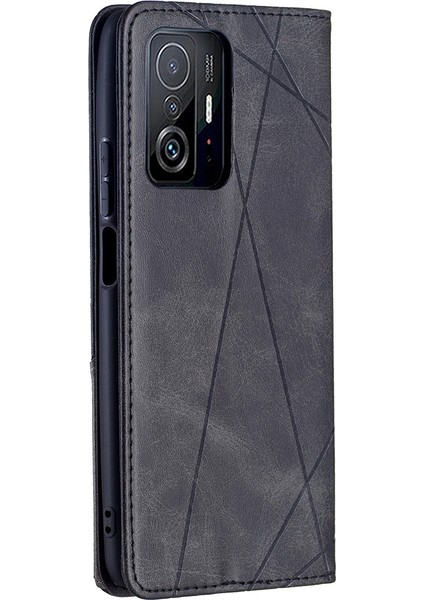 Rhombus Benzeri Deri Deri Stand Koruyucu Telefon Kılıfı, Xiaomi 11T/11T Pro-Black Için Kart Yuvalı Kabuk Kabuğu (Yurt Dışından)