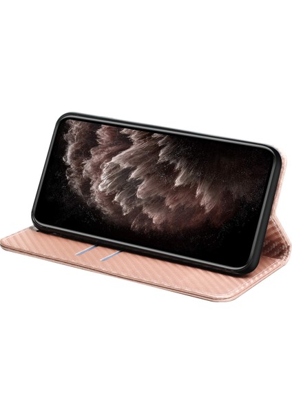 Çok Yönlü Koruma Flip Manyetik Otomatik Emici Karbon Fiber Doku Standı Cüzdanı Pu Deri Kasa Kapak Xiaomi Mi Için El Kayışı ile 11 Pro-Rose Altın (Yurt Dışından)